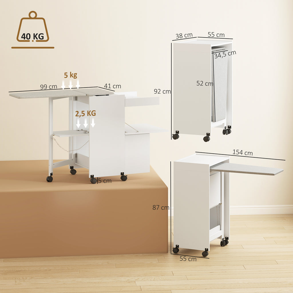Meuble à repasser, table à repasser pliante sur roulettes avec portes par pression, charnières à fermeture douce, blanc-2