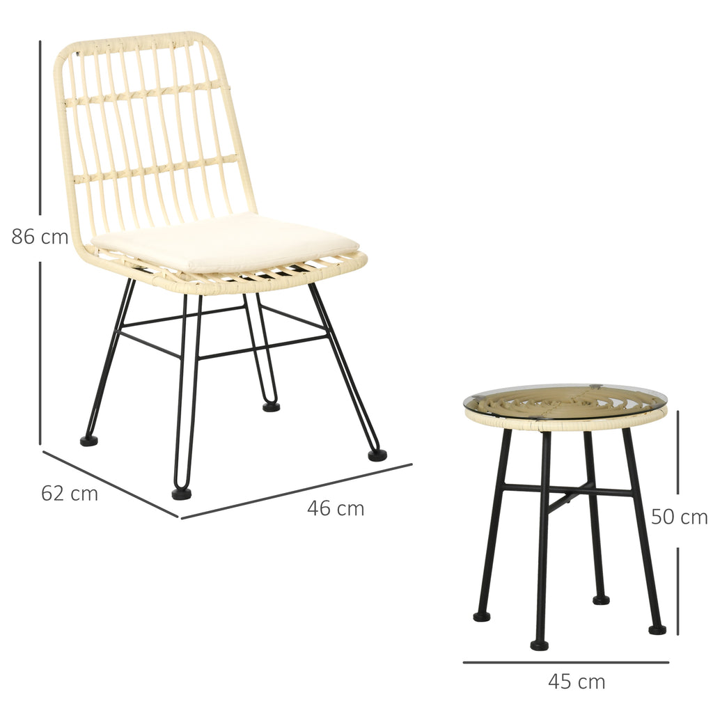 Ensemble bistro de jardin 3 pièces 2 chaises + table basse ronde verre trempé 2 coussins crème-2