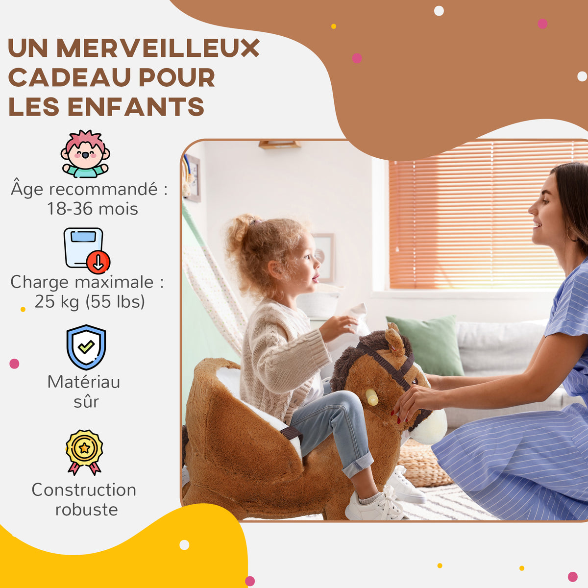 Cheval à bascule pour enfants jouet à bascule bébé de 18 à 36 mois avec effet sonore base en bois ceinture de sécurité-7