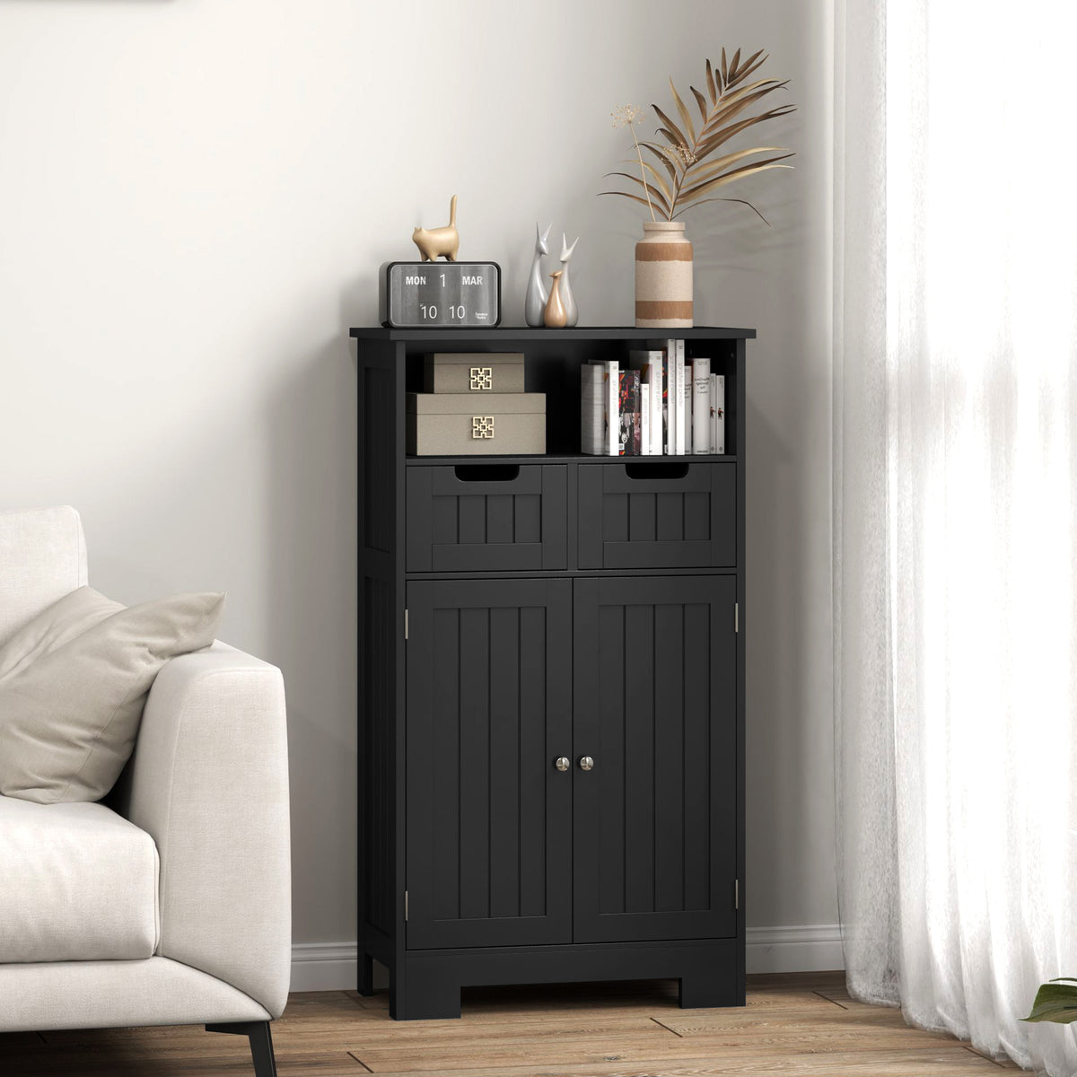 Meuble Bas de Salle de Bain Multi-rangements Grande Niche 2 tiroirs Placard Double Porte avec étagère Noir-7