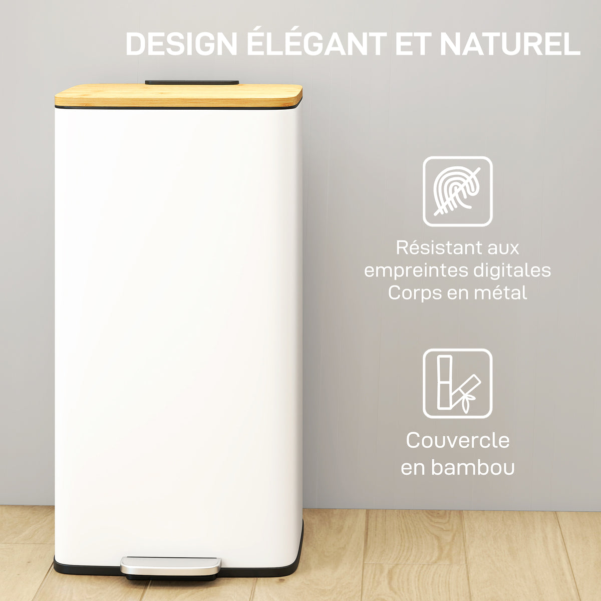 Poubelle de Cuisine 20L, Poubelle avec Pédale, Couvercle en Bambou à Fermeture Douce, Seau Intérieur Amovible, Blanc-6