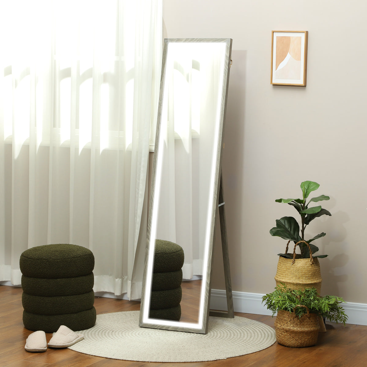 Grand miroir pleine longueur, miroir mural ou sur pied rectangulaire, 40 x 160 cm avec éclairage LED 3 couleurs, gris-1