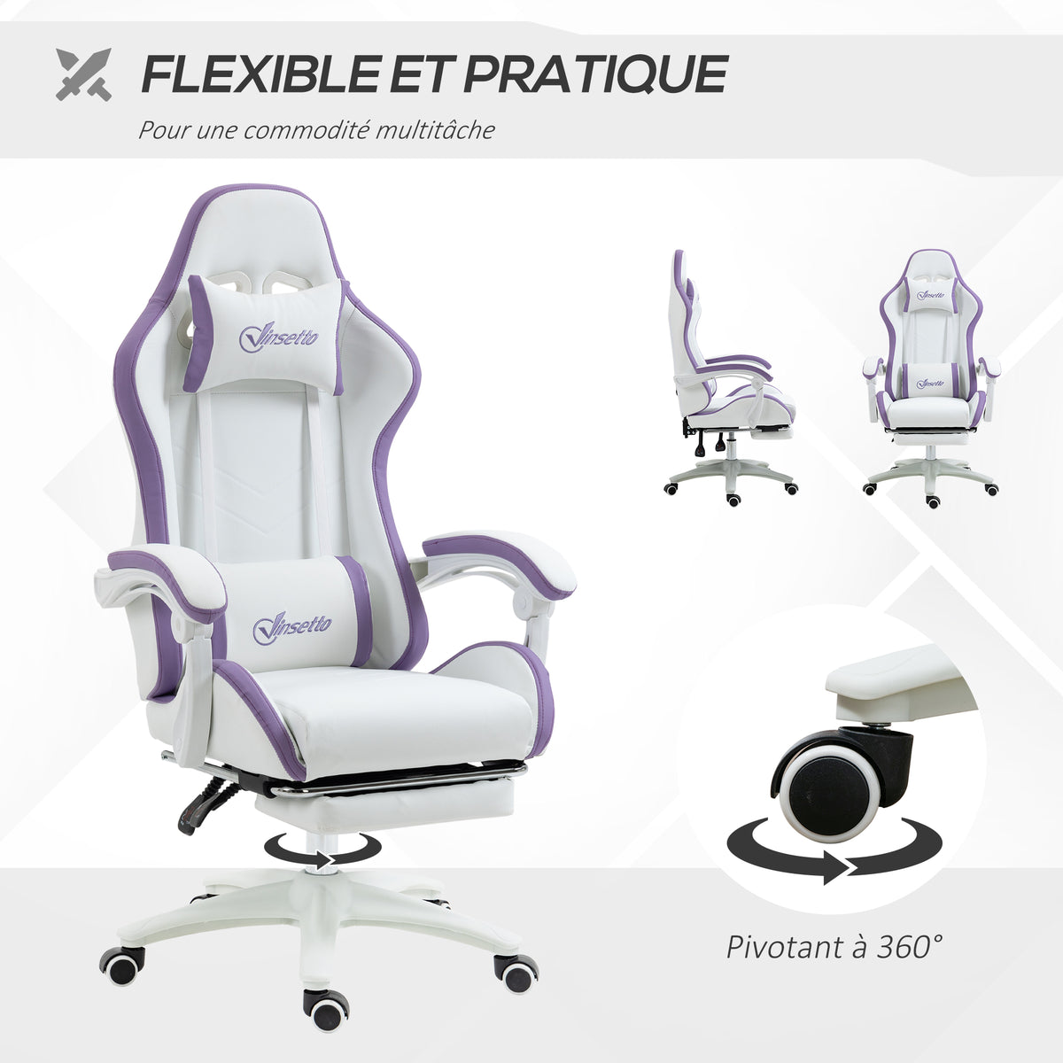 Chaise gaming fauteuil gaming ergonomique avec dossier inclinable à 135° et soutien lombaire, 65 x 65 x 121-129 cm blanc-5