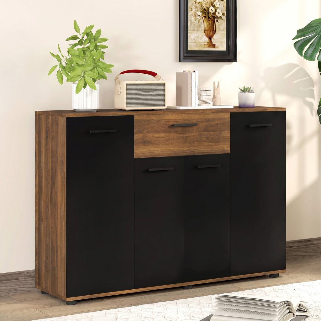 Buffet salon meuble de rangement avec 4 placards, tiroirs et étagères réglables, dim. 120 x 35 x 85 cm, marron et noir-1