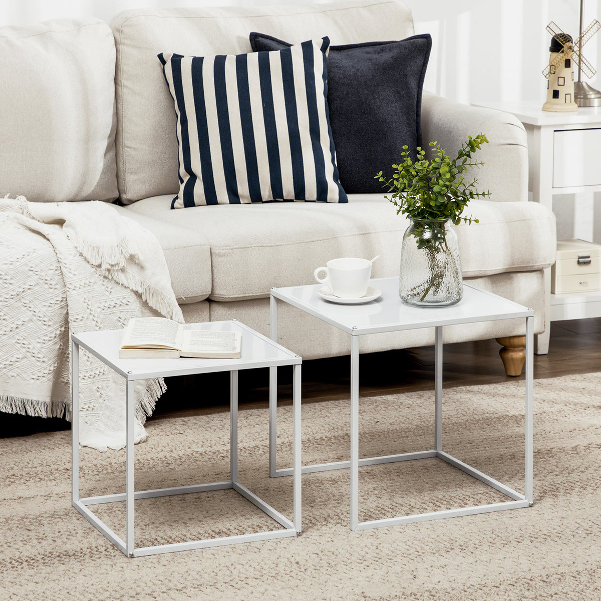 Lot de 2 tables basses gigognes, lot de 2 tables gigognes de salon, modulables, en acier, style industriel, blanc mat-9