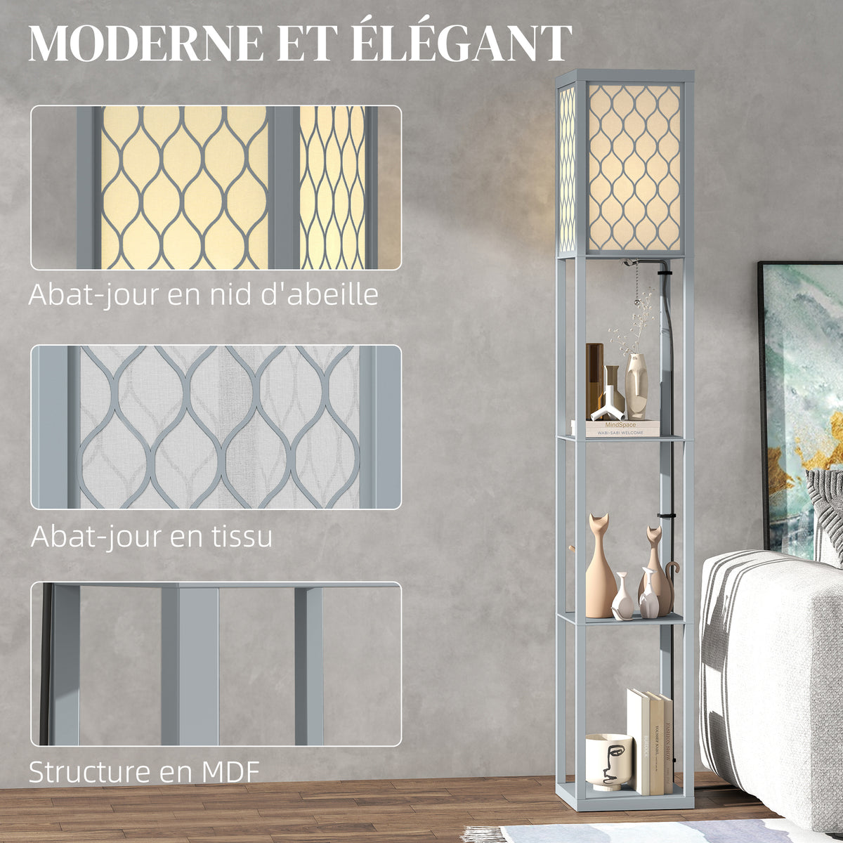 Lampadaire avec étagères, lampadaire sur pied de salon 3 niveaux, interrupteur à tirette 26 x 26 x 160 cm, gris et blanc-3