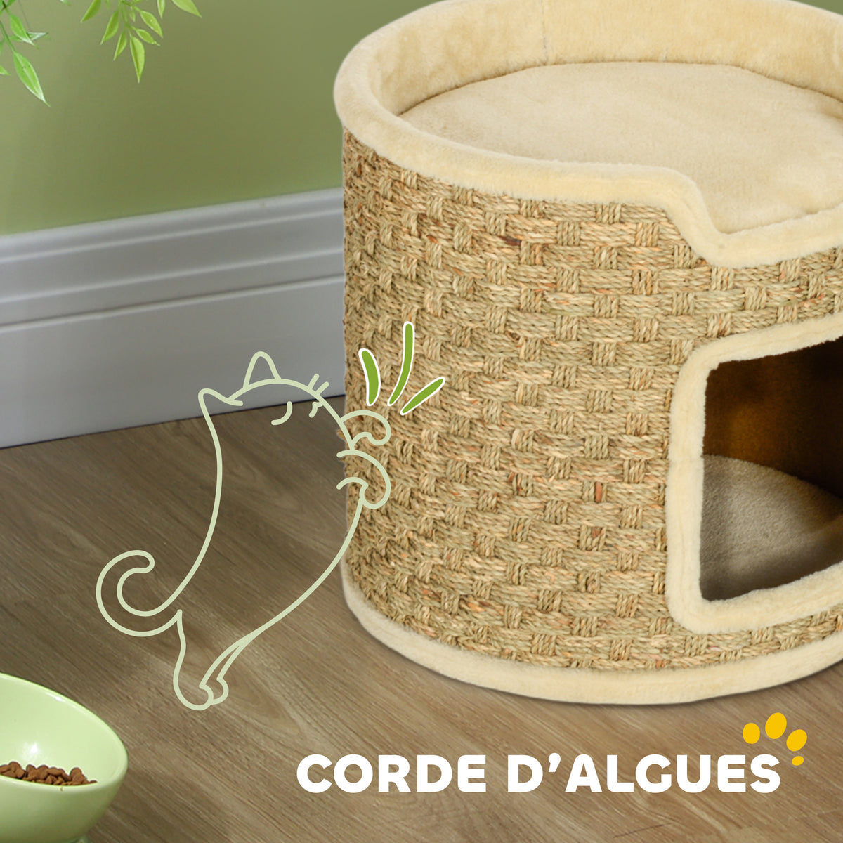 Tonneau à gratter pour chat, tonneau à chat, recouvert de peluche, capacité de 5 kg, Ø 38 x 37H cm kaki et beige-4