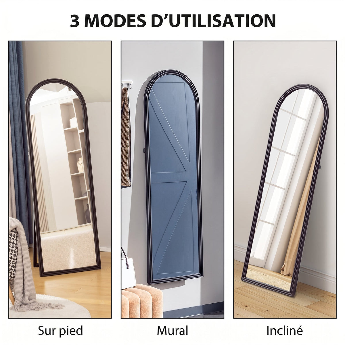 Miroir de sol arqué pleine longueur miroir sur pied cadre en effet imitation pierre pour salon chambre 53x163cm marron-6