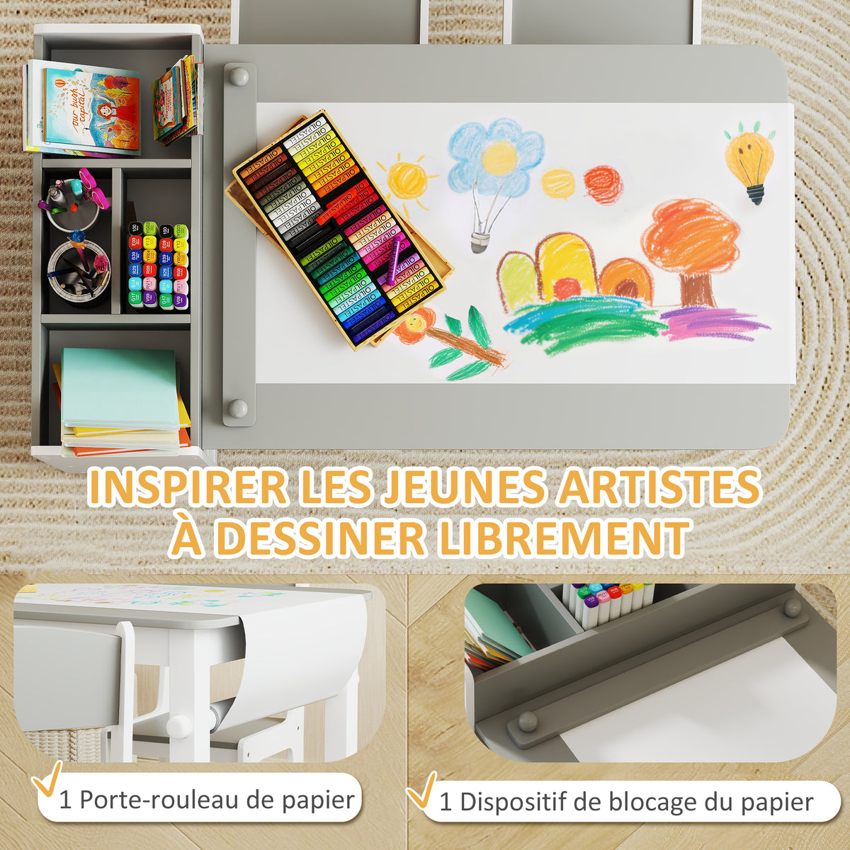 Ensemble table et 2 chaises enfant en bois avec rouleau de papier, étagères et tiroirs, pour fille garçon 3-8 ans, gris-4