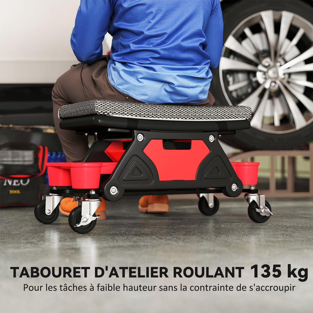 Tabouret d'atelier mobile 135 kg, tabouret de mécanicien avec roulettes rotatif à 360°, 64,5 x 33 x 35 cm, noir-3