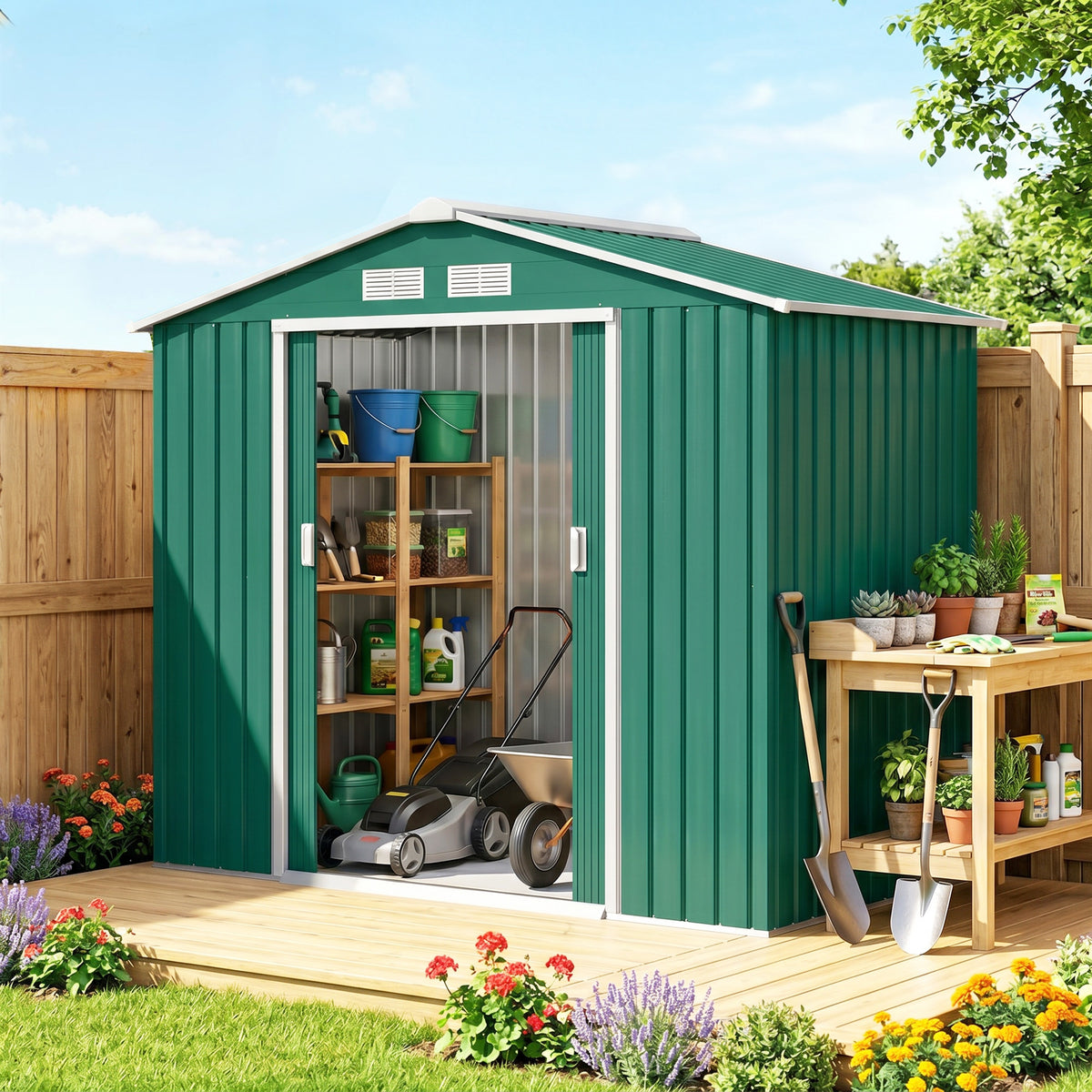 Abri de Jardin 2,42 m² - Remise pour Outils avec kit de fondation - cabanon Porte verrouillable - dim. 213L x 130l x 185H cm - tôle d'acier Vert-1