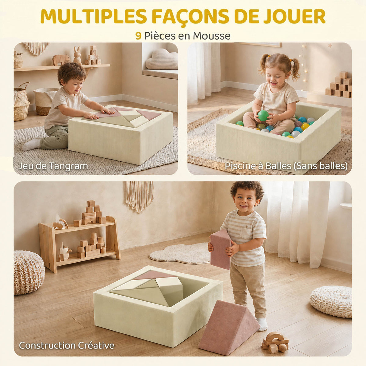 Parcours motricité bébé 9PCS avec piscine à balles, module en mousse souple avec housse en velours côtelé, multicolore-3