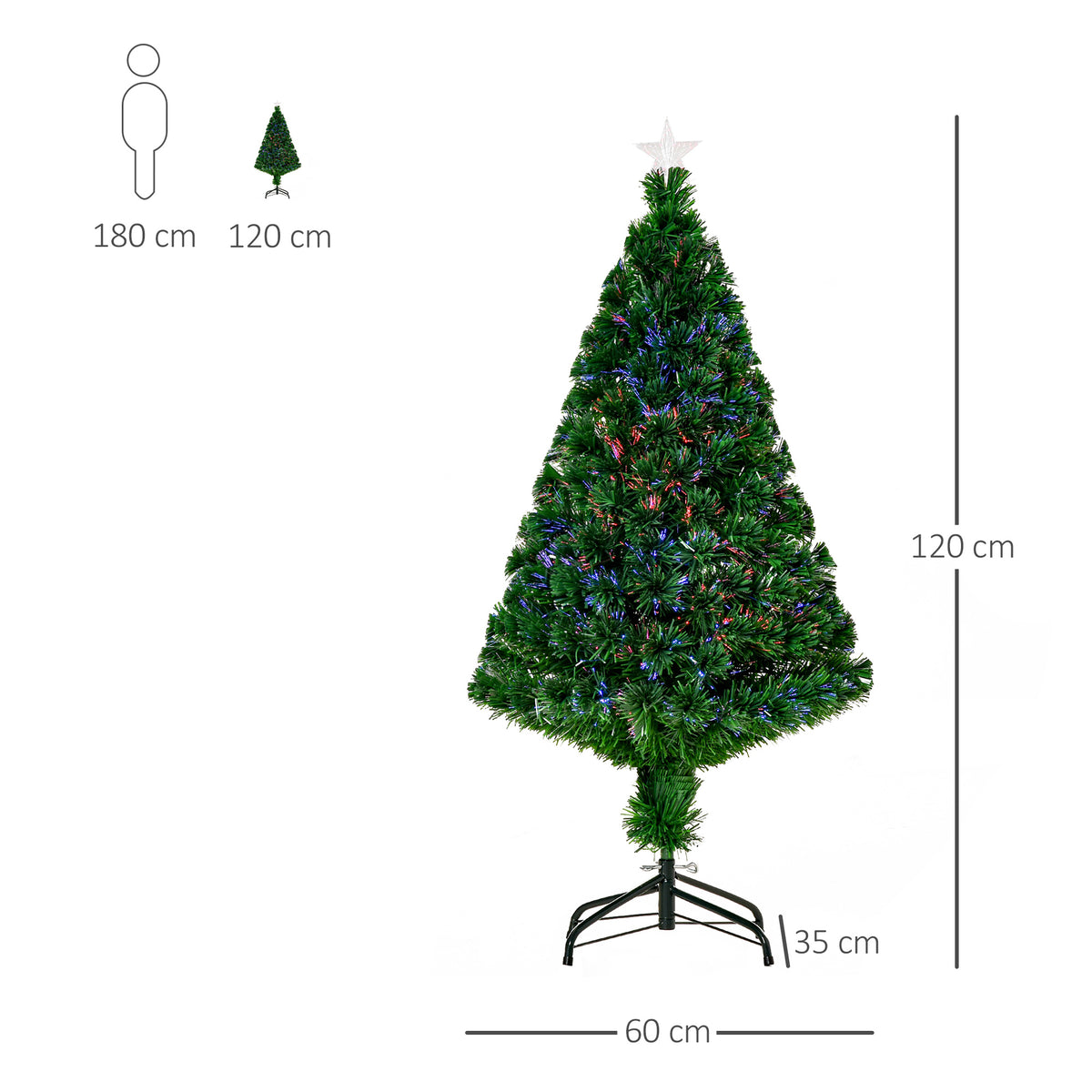 Sapin Noël Artificiel Lumineux 120H cm Fibre Optique Multicolore + Support Pied 130 Sommet Brillante Vert-2