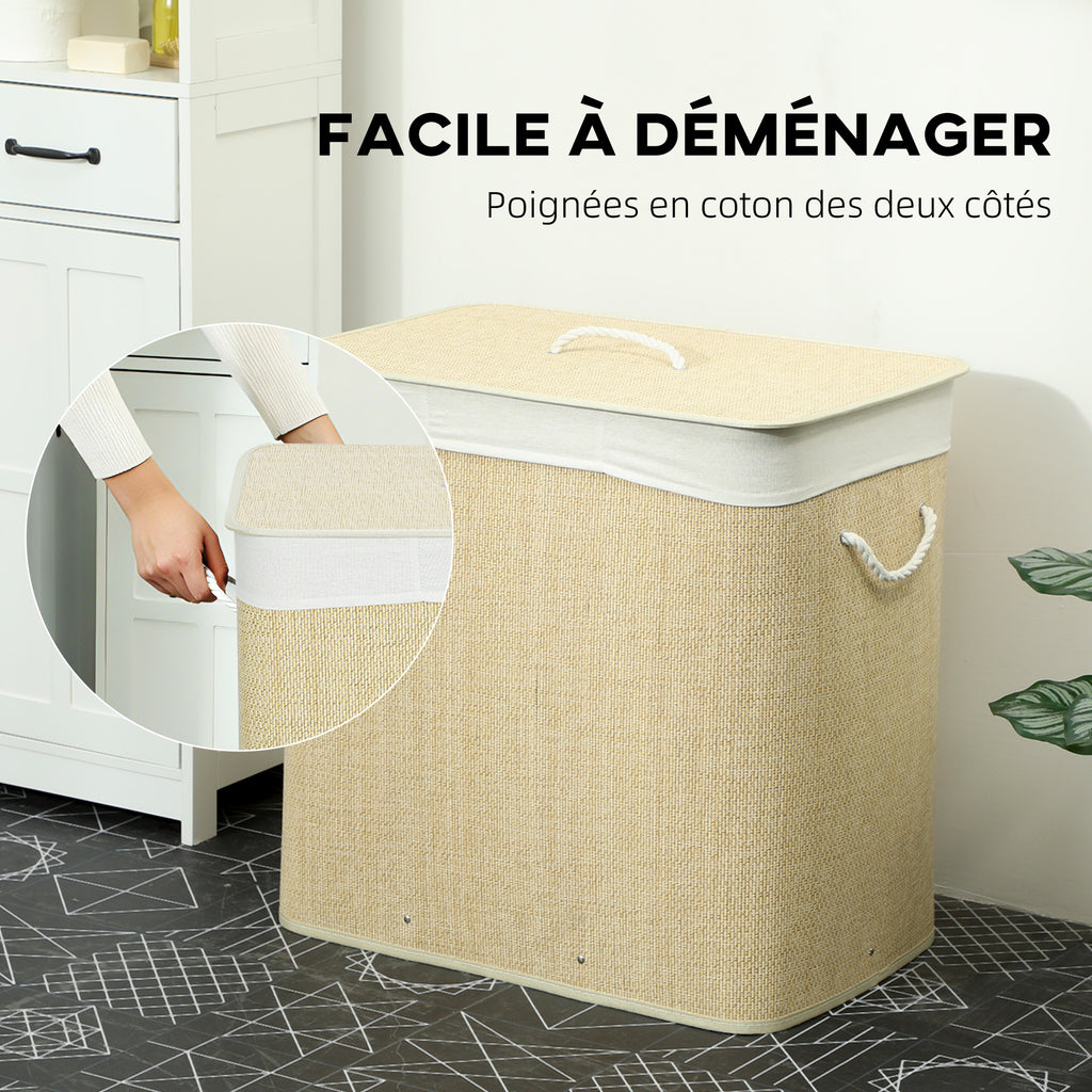 Panier à linge à trois compartiments avec couvercle, panier à linge en bambou 144 L avec poignées en corde-5