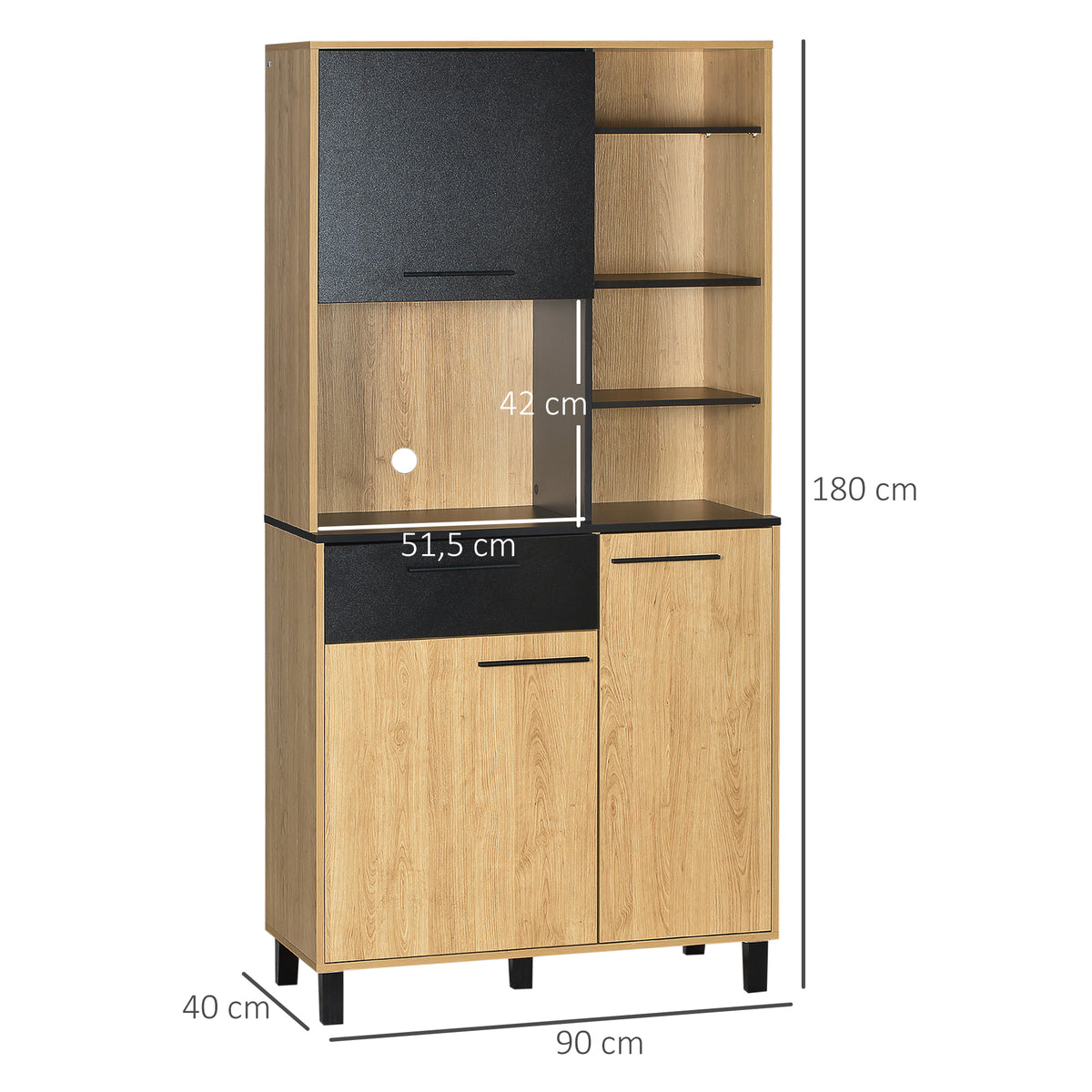 Armoire de cuisine multi-rangements avec tiroir 3 placards 4 niches et passe-câbles hauteur 180 cm noir et bois naturel-2