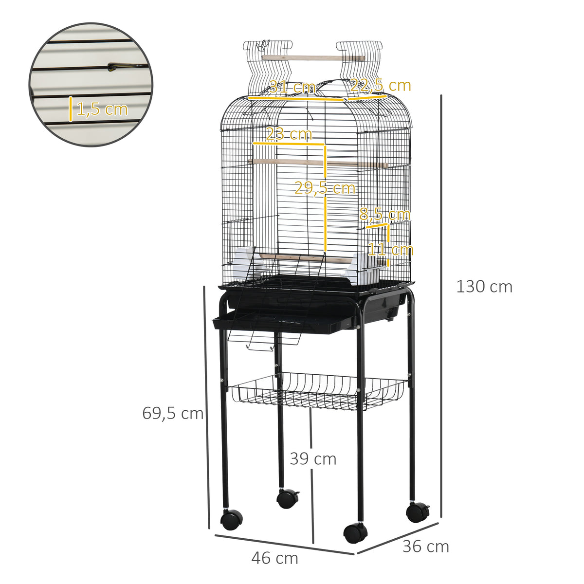 Cage à oiseaux volière pour oiseaux sur roulettes avec toit ouvrant 3 perchoirs étagère inférieure 46 x 36 x 130 cm noir-2