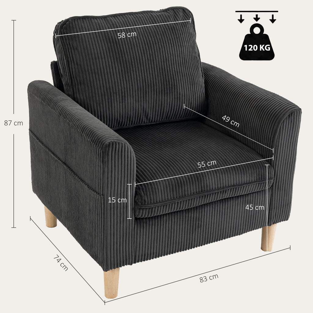 Fauteuil de salon en velours côtelé, canapé 1 place rembourré, assise large, coussin à ressorts, 83x74x87cm, Gris Foncé-2