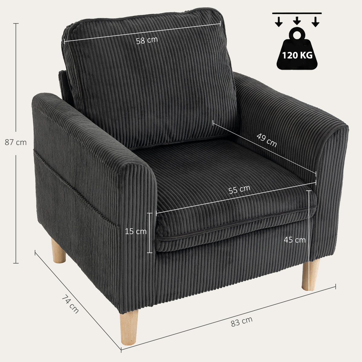 Fauteuil de salon en velours côtelé, canapé 1 place rembourré, assise large, coussin à ressorts, 83x74x87cm, Gris Foncé-2