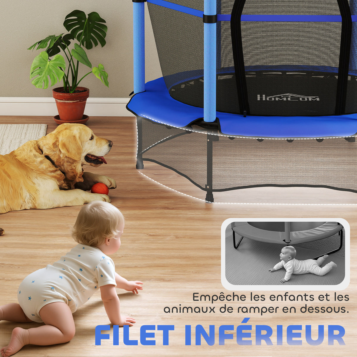 Trampoline Enfant Ø 1,40 × 1,90H m Filet de sécurité Porte zipée Couvre-Ressorts 6 poteaux rembourrés Inclus Bleu-7