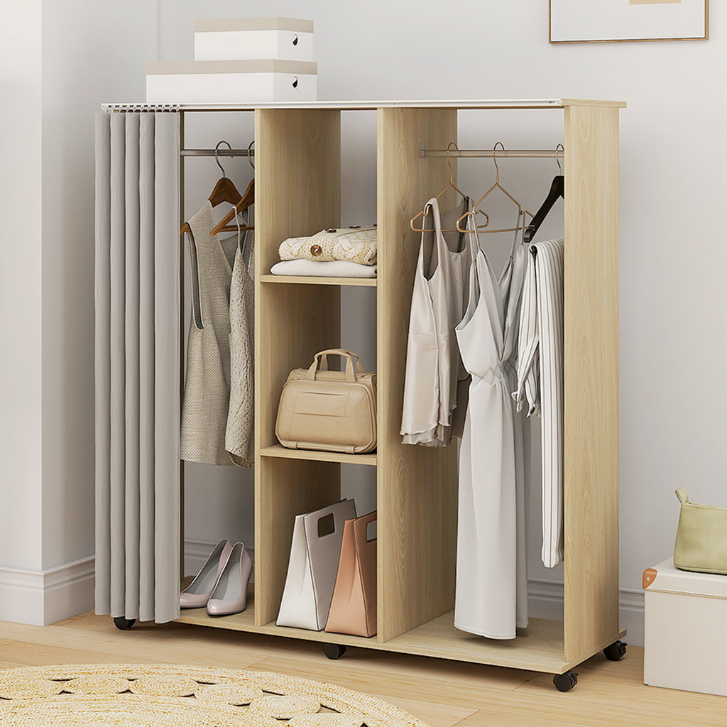 Armoire penderie Meuble de Rangement Mobile 6 roulettes 120L x 40l x 128H cm en bois naturel-8