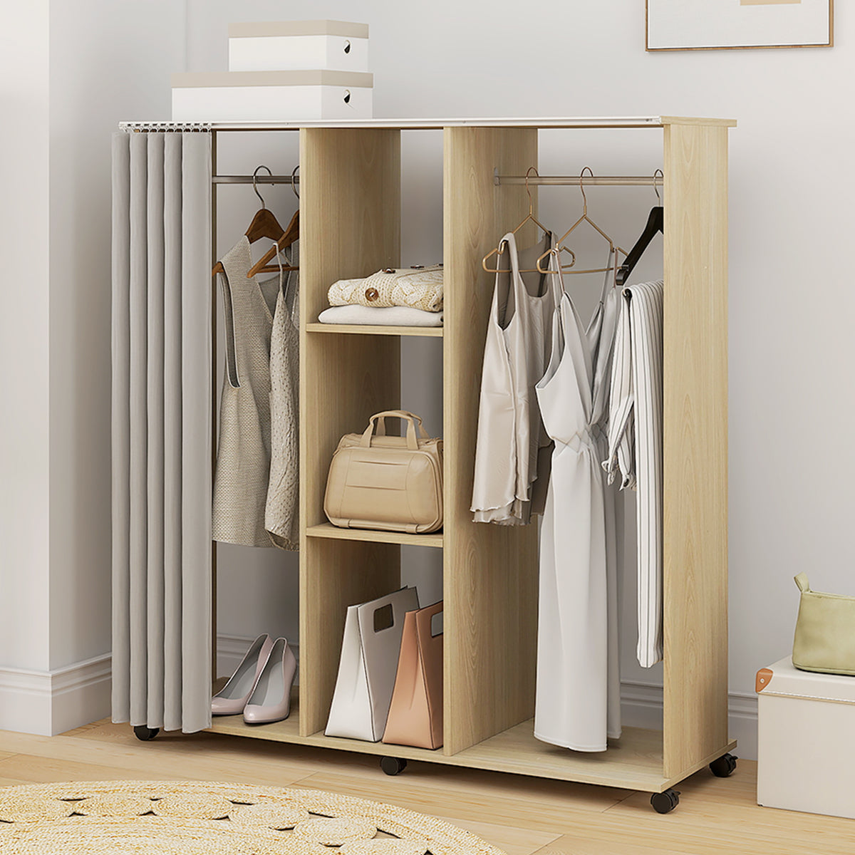 Armoire penderie Meuble de Rangement Mobile 6 roulettes 120L x 40l x 128H cm en bois naturel-8