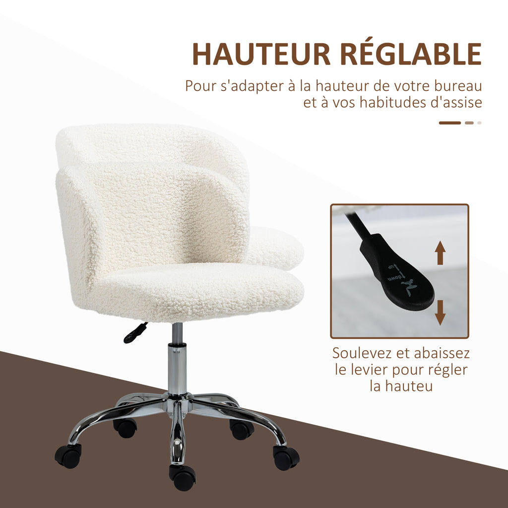 Chaise de bureau sans accoudoir en toison d'agneau hauteur réglable pivotant à 360 ° charge max. 120 Kg blanc-3