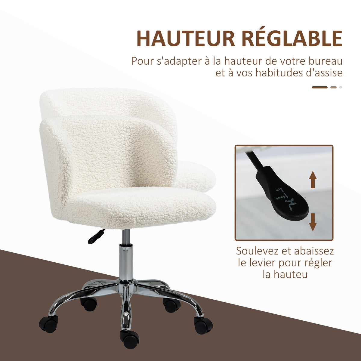 Chaise de bureau sans accoudoir en toison d'agneau hauteur réglable pivotant à 360 ° charge max. 120 Kg blanc-3