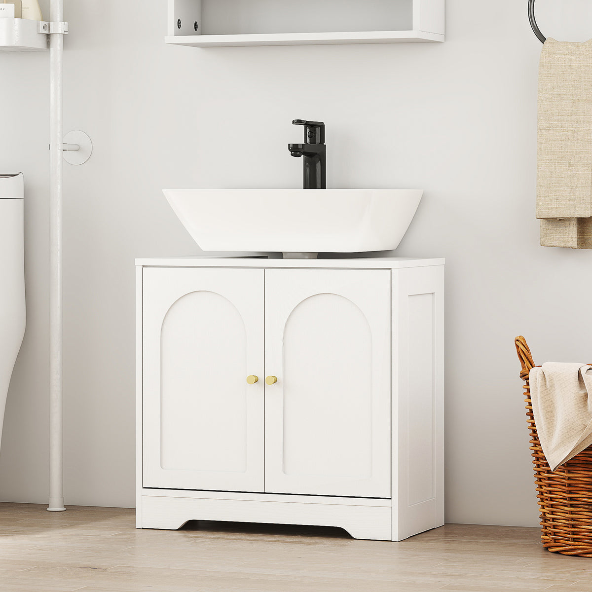 Meuble sous lavabo salle de bain avec placard à portes et étagère réglable, pour bassin avec ou sans pédestal, blanc-9