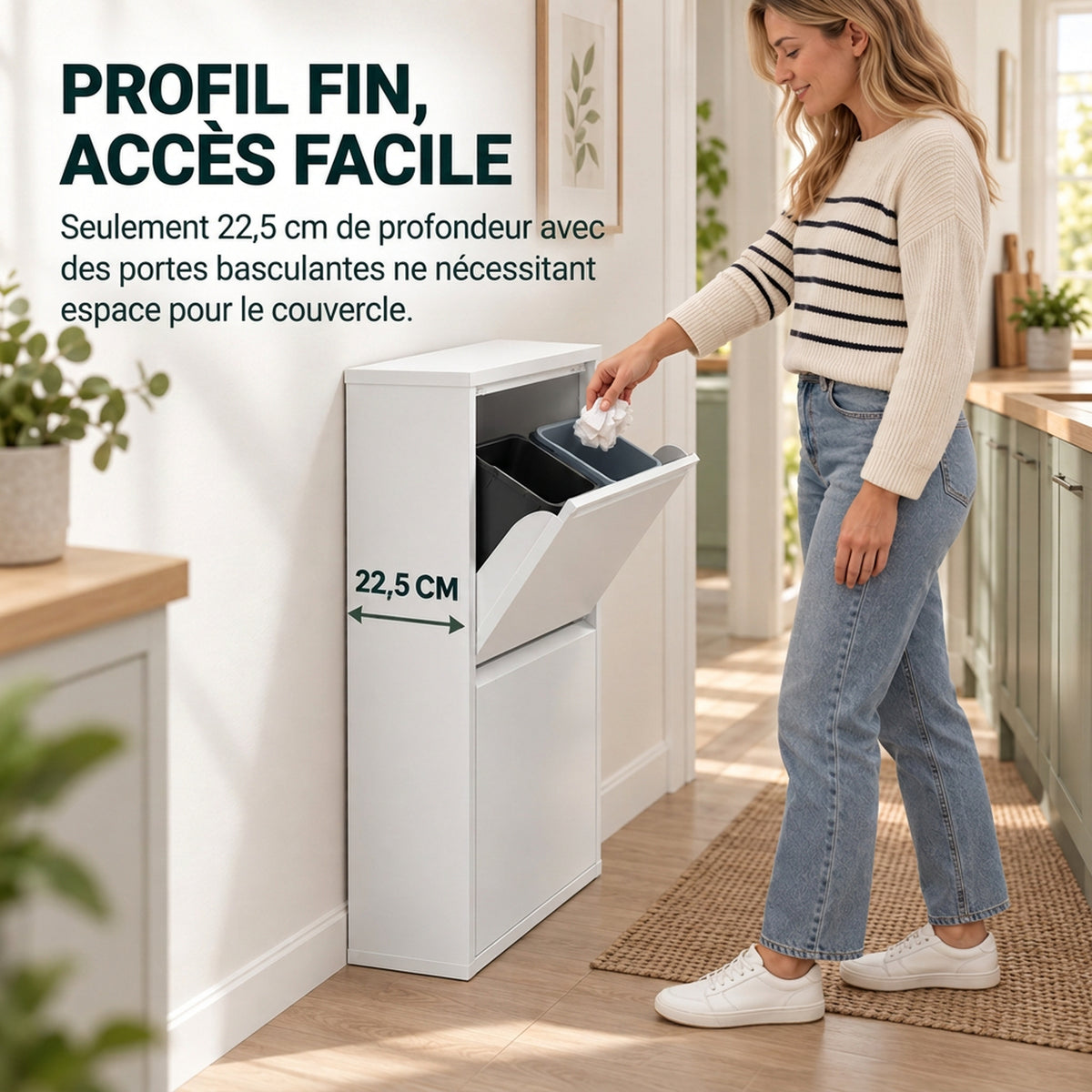 Meuble Poubelle de Tri Sélectif 60 L (4 x 15 L), 4 Compartiments, Fermeture Amortie, Seaux Intérieurs Amovibles, Blanc-4