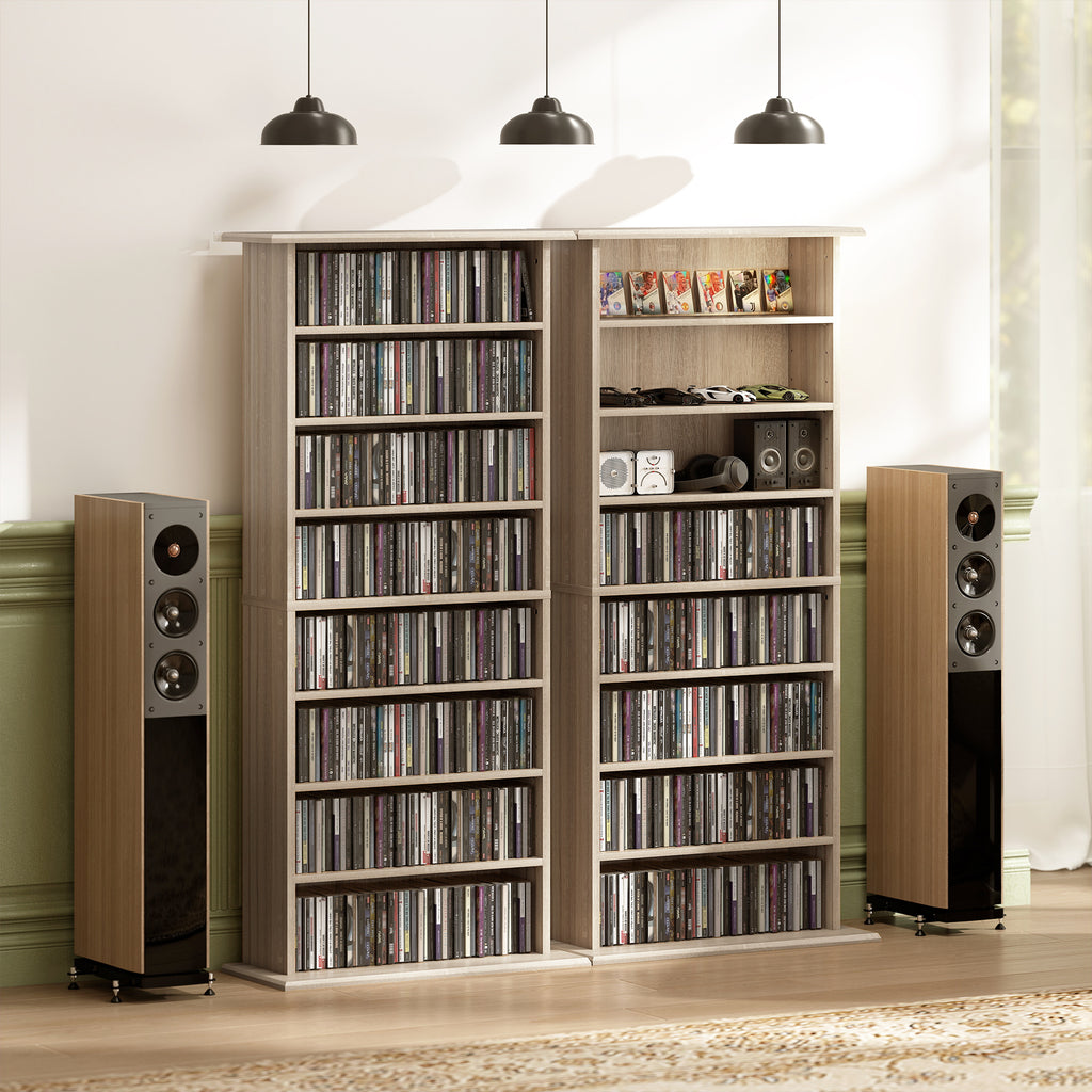 Rangements pour CD et DVD avec 8 compartiments et 6 étagères réglables, capacité max. 360 CD/185 DVD et Blu-ray, naturel-8