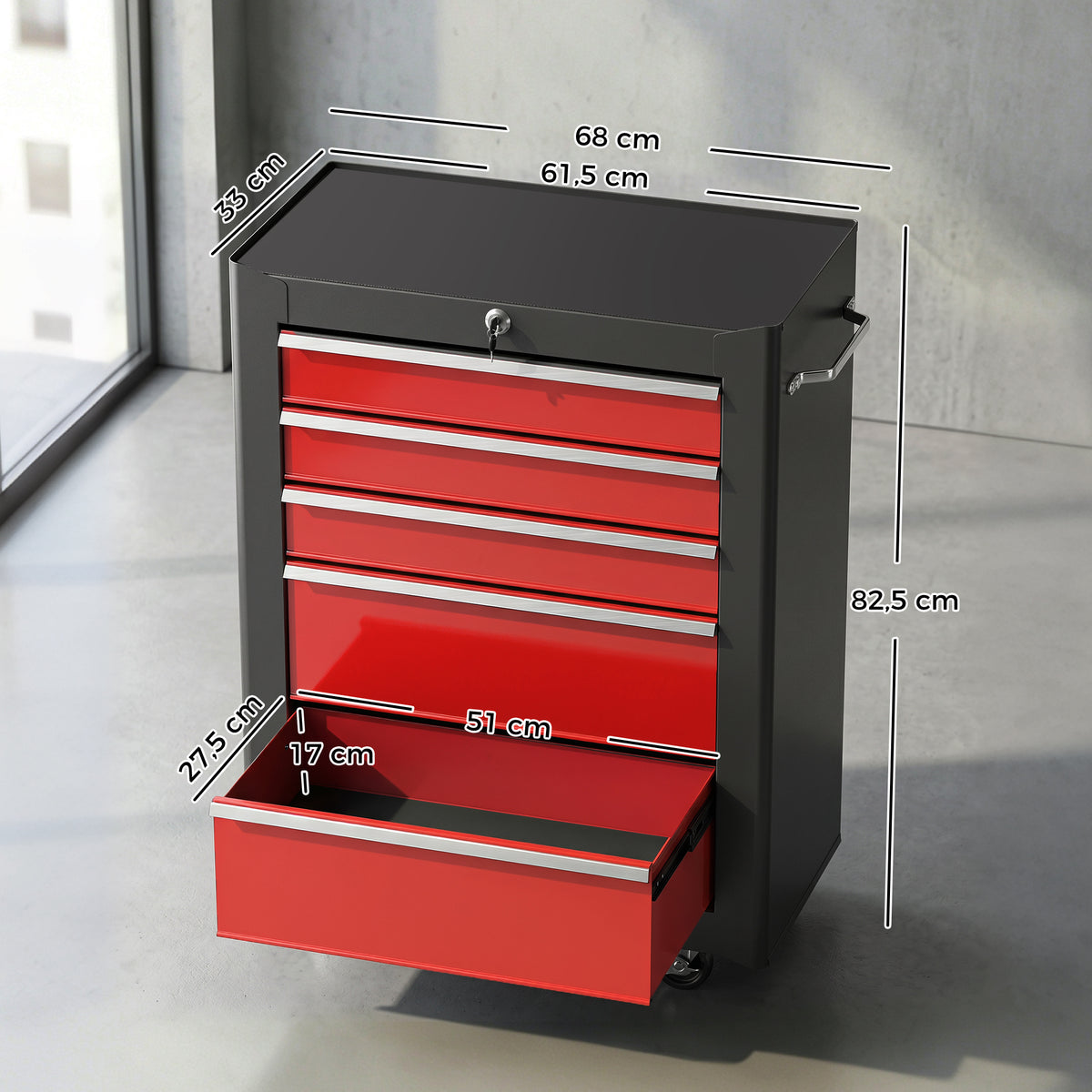 Chariot à outils sur roulettes, Servante d'atelier en acier 5 tiroirs verrouillable 2 clés, 61,5 x 33 x 82,5 cm, rouge-2