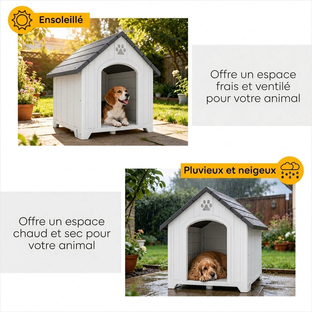 Niche pour chien extérieur, maison chien en polypropylène imperméable ventilé plancher surélevé 76x66x77cm gris clair-5