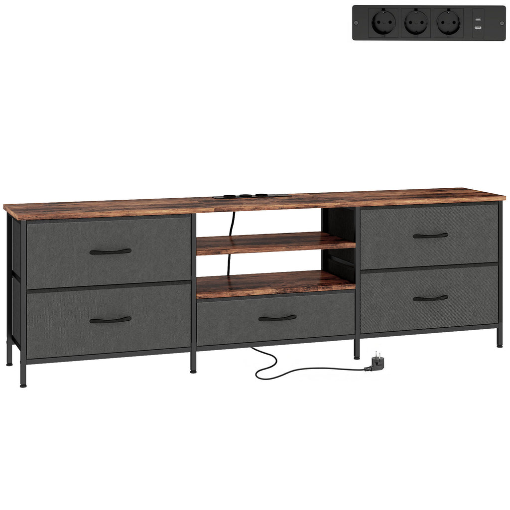 Meuble TV 160 cm, Meuble Télé 70 Pouces, Station de Charge, 5 Tiroirs en Tissu, Étagères Ouvertes, Gris Foncé-0