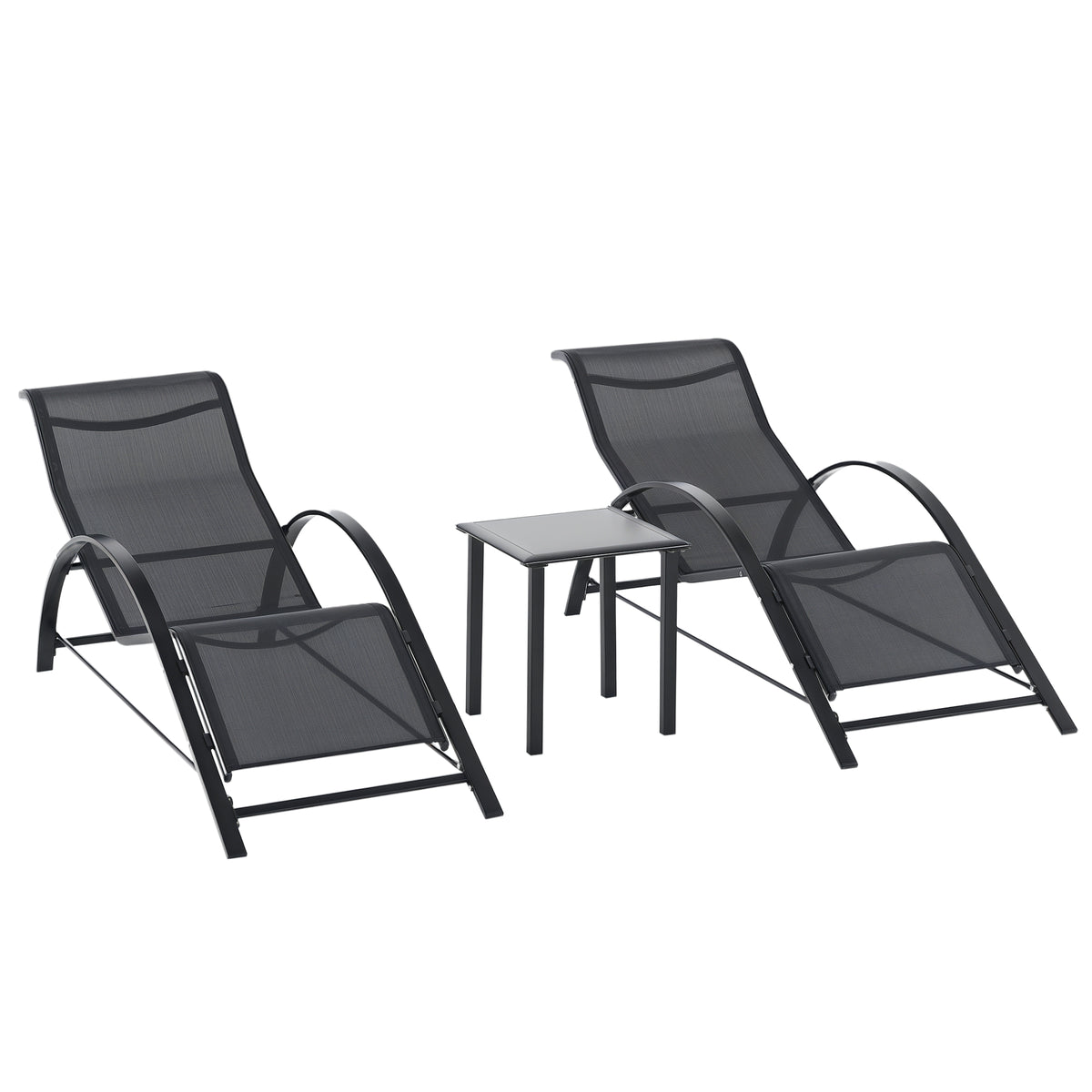 Lot de 2 bains de soleil chaise longue design contemporain table basse plateau verre trempé métal époxy textilène noir-0