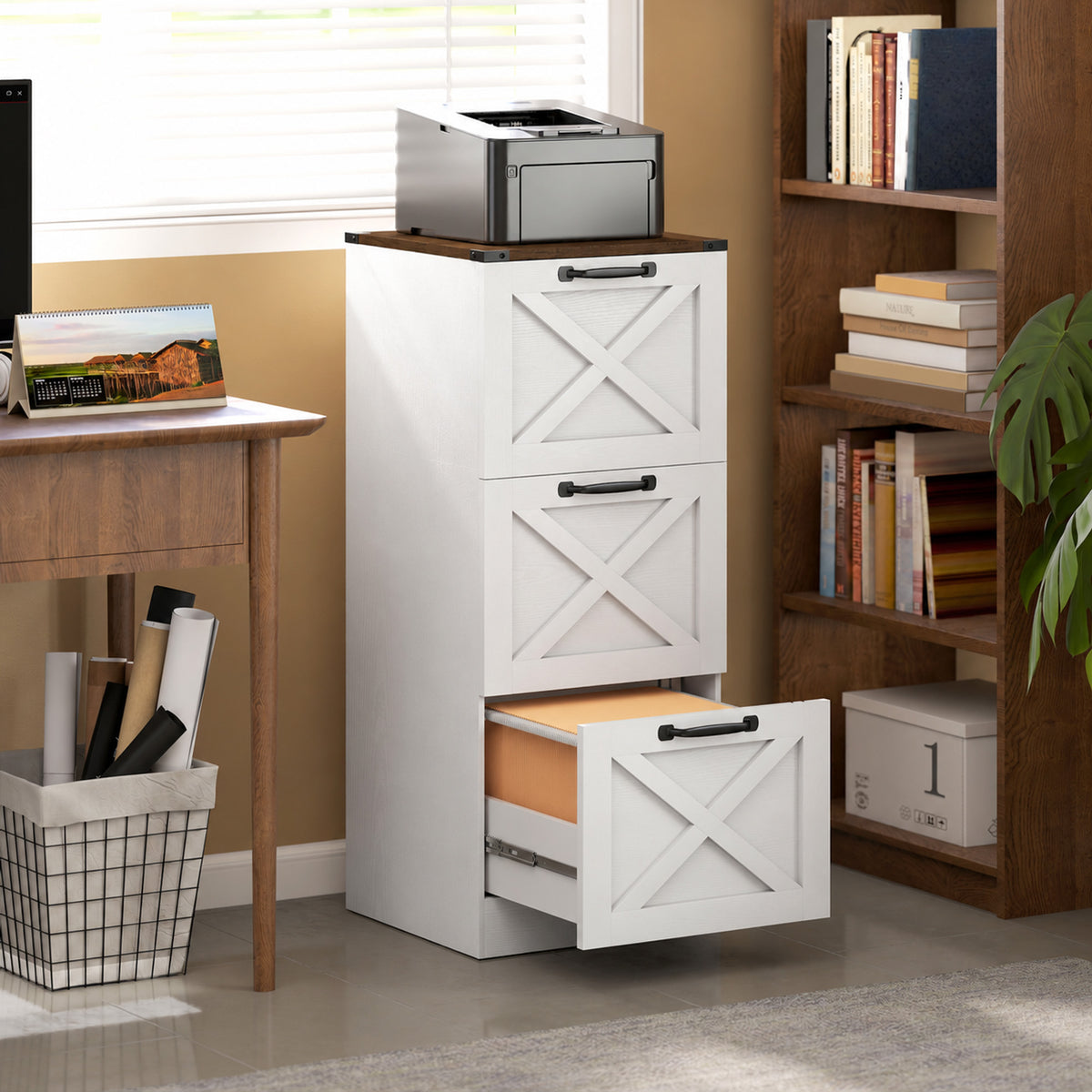 Caisson de Bureau avec 3 Tiroirs, Dossiers Suspendus pour Formats Lettre/A4, Style Rustique, 40x40x101cm, Blanc-9
