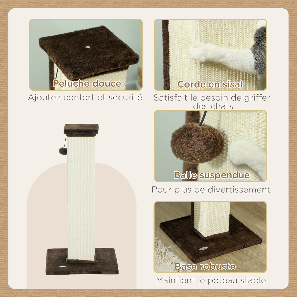 Griffoir pour chat poteau griffoir chat en sisal et peluche, boule suspendue base stable 41 x 41 x 81 cm marron et crème-4