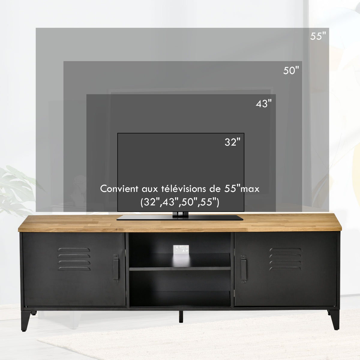 Meuble TV Banc TV pour téléviseurs de 55'' avec 2 Placards Pieds Réglables Cadre métalique noir Plateau en Bois Naturel 150 x 40 x 50 cm-3