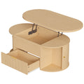 Table Basse Relevable Ovale, Compartiment Caché, Tiroir Cannelé, Portes Coulissantes et Placards, 100x50x40cm, Chêne-0