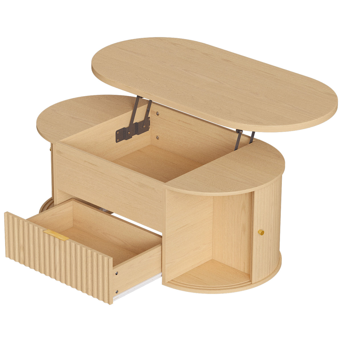 Table Basse Relevable Ovale, Compartiment Caché, Tiroir Cannelé, Portes Coulissantes et Placards, 100x50x40cm, Chêne-0