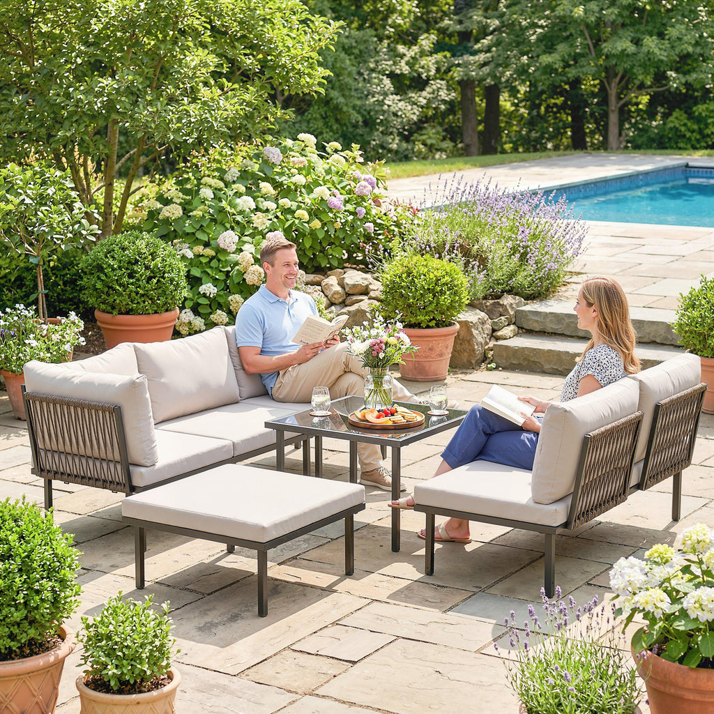 Salon de jardin extérieur d'angle modulable 6 personnes, table basse avec plateau en verre trempé, gris clair-7