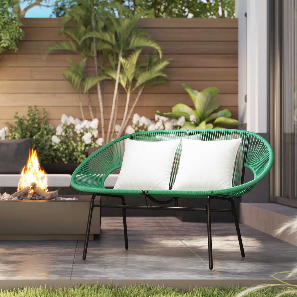 Banquette banc de jardin 2 places en acier et cordage en résine avec 2 coussins - dim. 132L x 72l x 83H cm - vert foncé-9