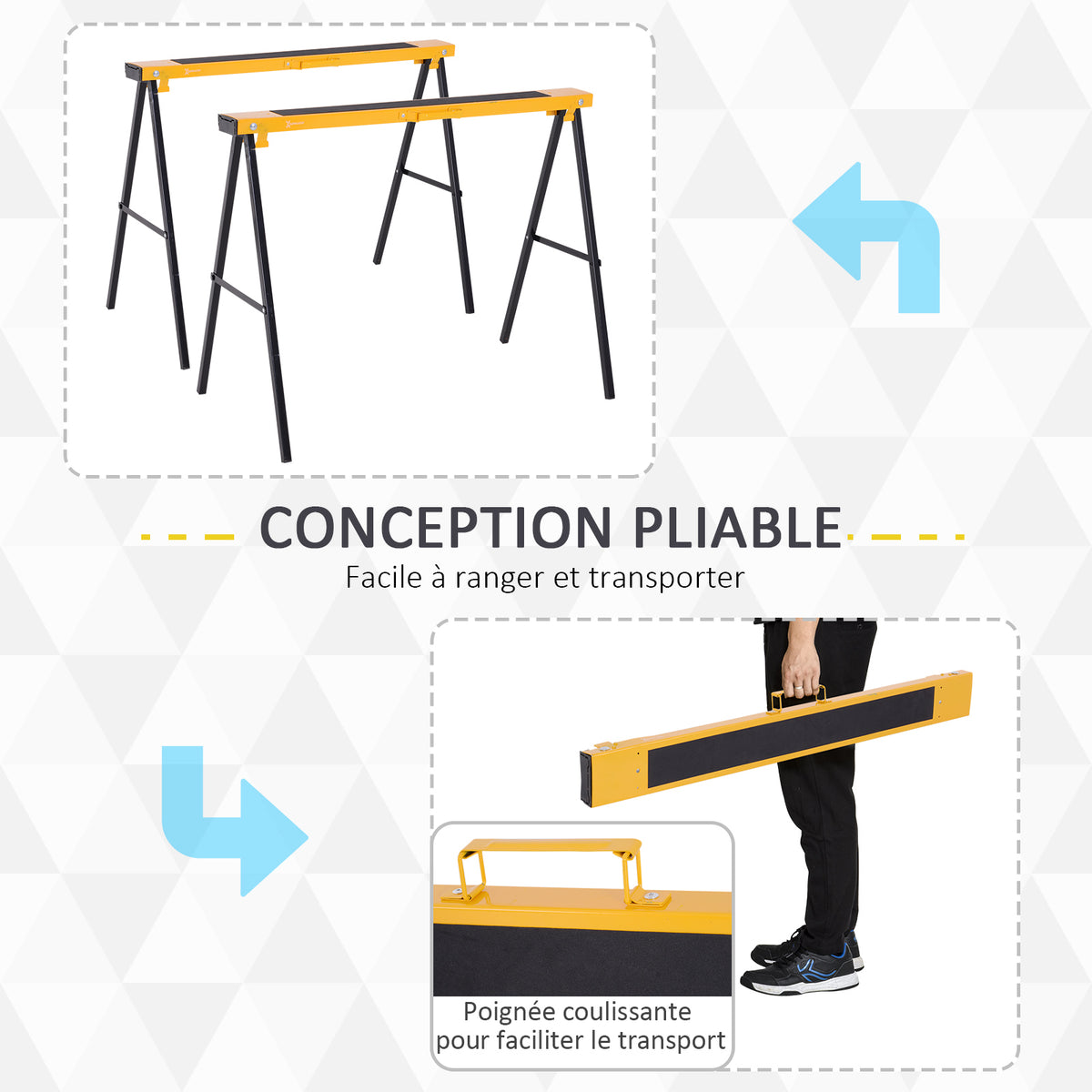Lot de 2 tréteaux pliables compactes poignée transport dim. 100L x 50l x 76H cm surface antidérapante métal noir jaune-4