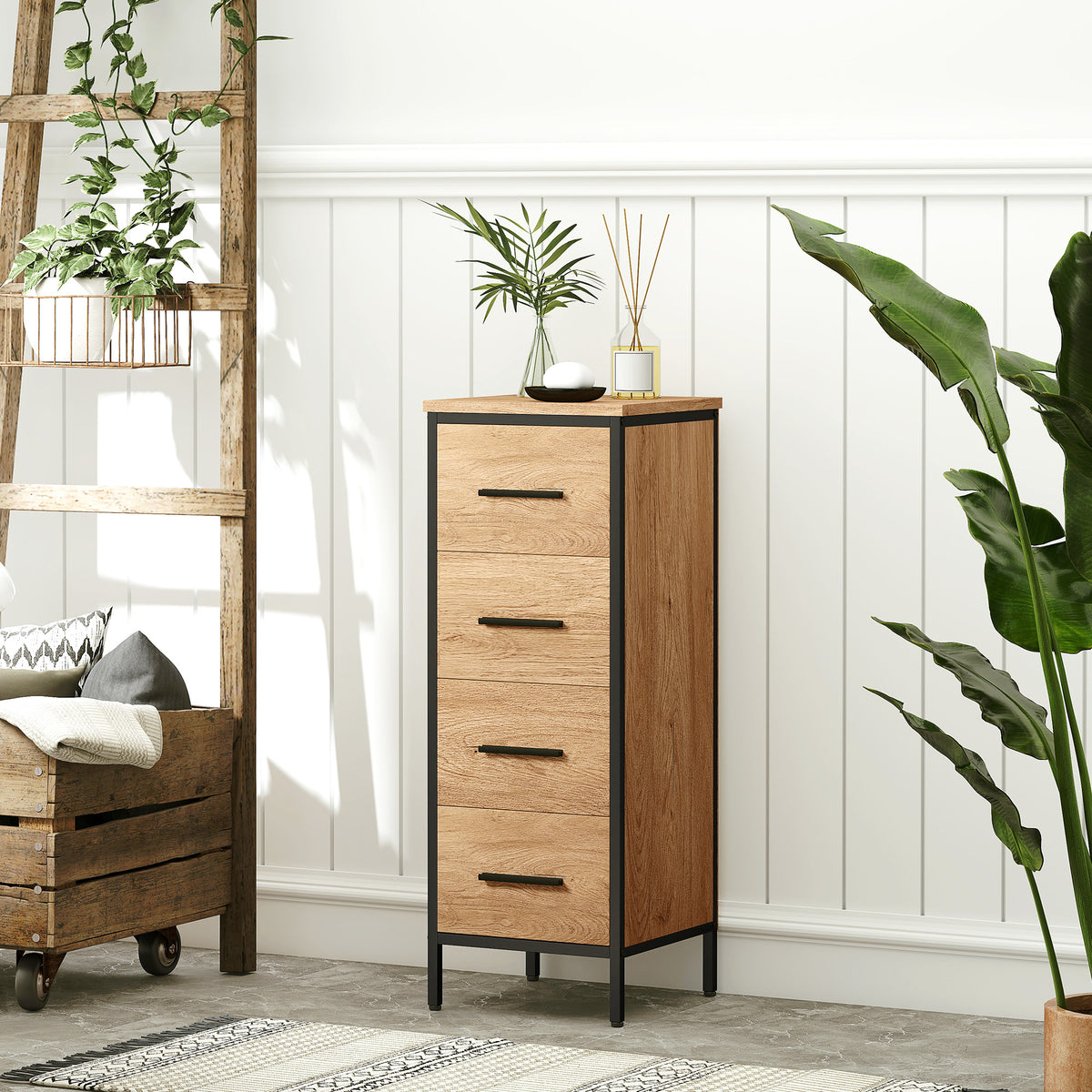 Meuble de salle de bain étroit avec 4 tiroirs et structure en acier, 30 x 30 x 82 cm, chêne-9