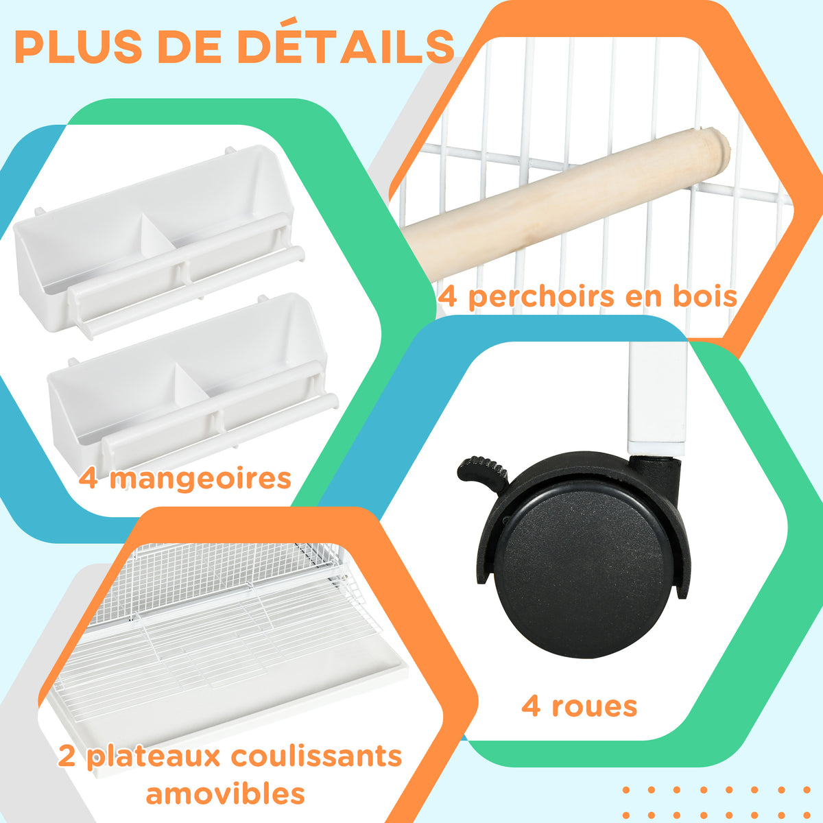 Volière intérieure cage à oiseaux sur roulettes design maison mangeoires perchoirs portes plateaux excréments amovibles-3