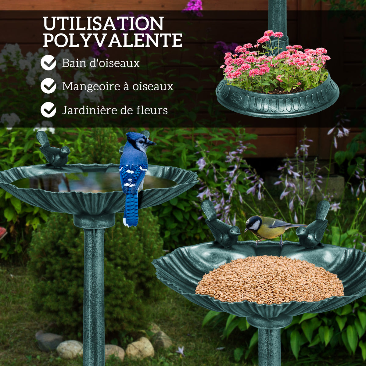 Bain d'oiseaux abreuvoir antique 81 cm avec base de jardinière, mangeoire et bassin à oiseaux sur pied, bronze vert-3