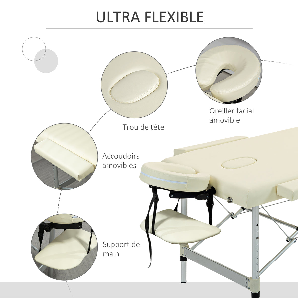 Table de massage pliable portable + housse de transport charge max. 225 Kg hauteur réglable 210 x 90 cm crème-4