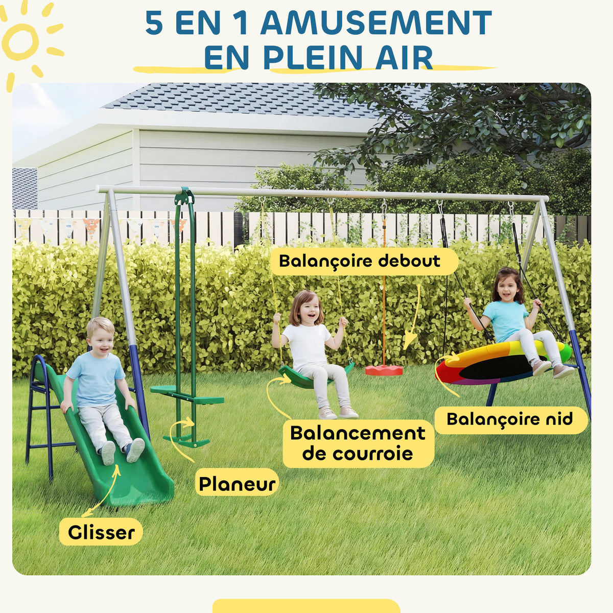 Balançoire Portique Enfants 5 en 1 avec Toboggan, 3 Balançoire, Face à Face, Hauteur Réglable, 3-8 ans, Multicolore-3