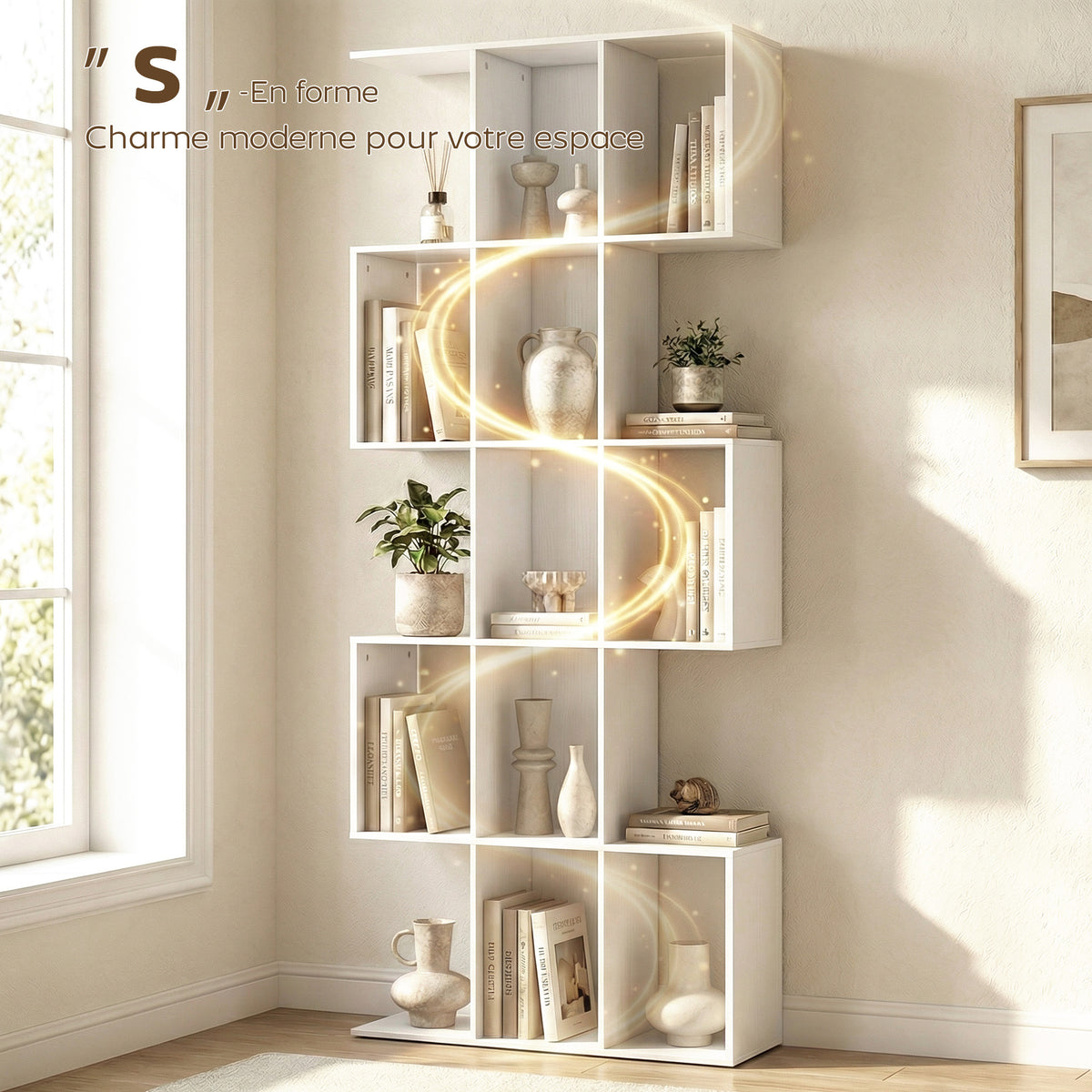Bibliothèque à 5 niveaux, étagère de rangement en forme S avec 15 compartiments ouverts, 80 x 24 x 200 cm, blanc-3