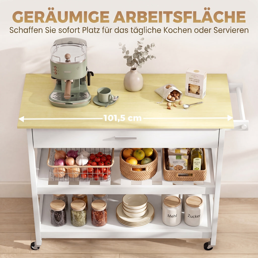 Desserte de cuisine à roulettes, îlot central cuisine avec plan de travail, tiroir, étagères, porte-serviettes, blanc-3