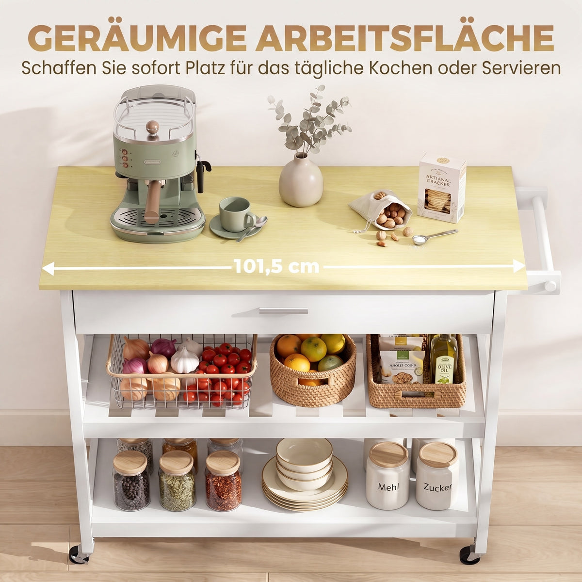 Desserte de cuisine à roulettes, îlot central cuisine avec plan de travail, tiroir, étagères, porte-serviettes, blanc-3